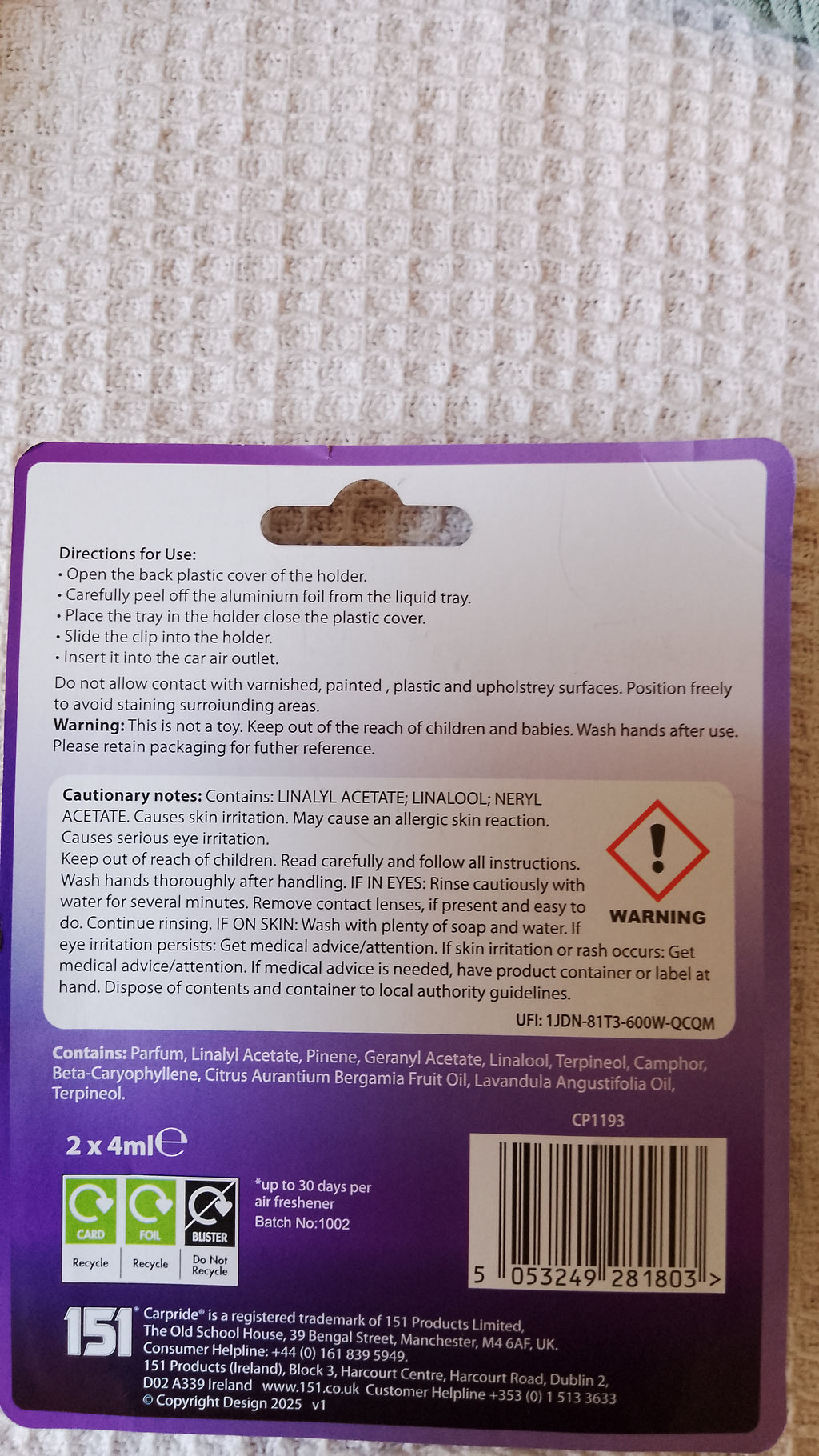 Twin Pack Car Vent Air Freshener - Lavender/Vanilla Pk of 2