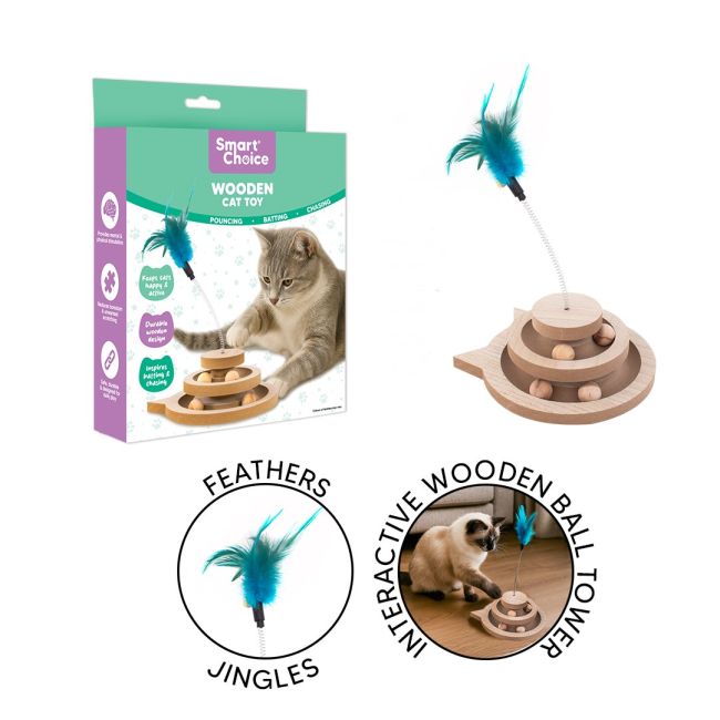 Interactive Wooden Ball Tower Cat Toy - 2 Ring with feather and bell