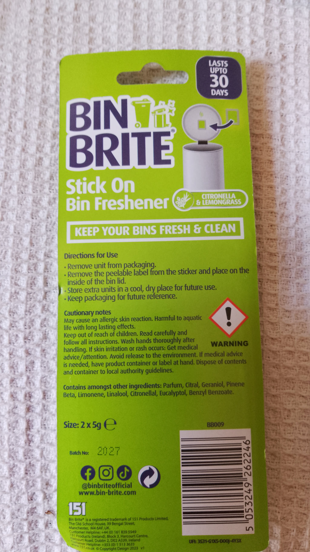 Bin Brite Stick-on freshener - Lemon Grass Pk of 2 or Berry Blast