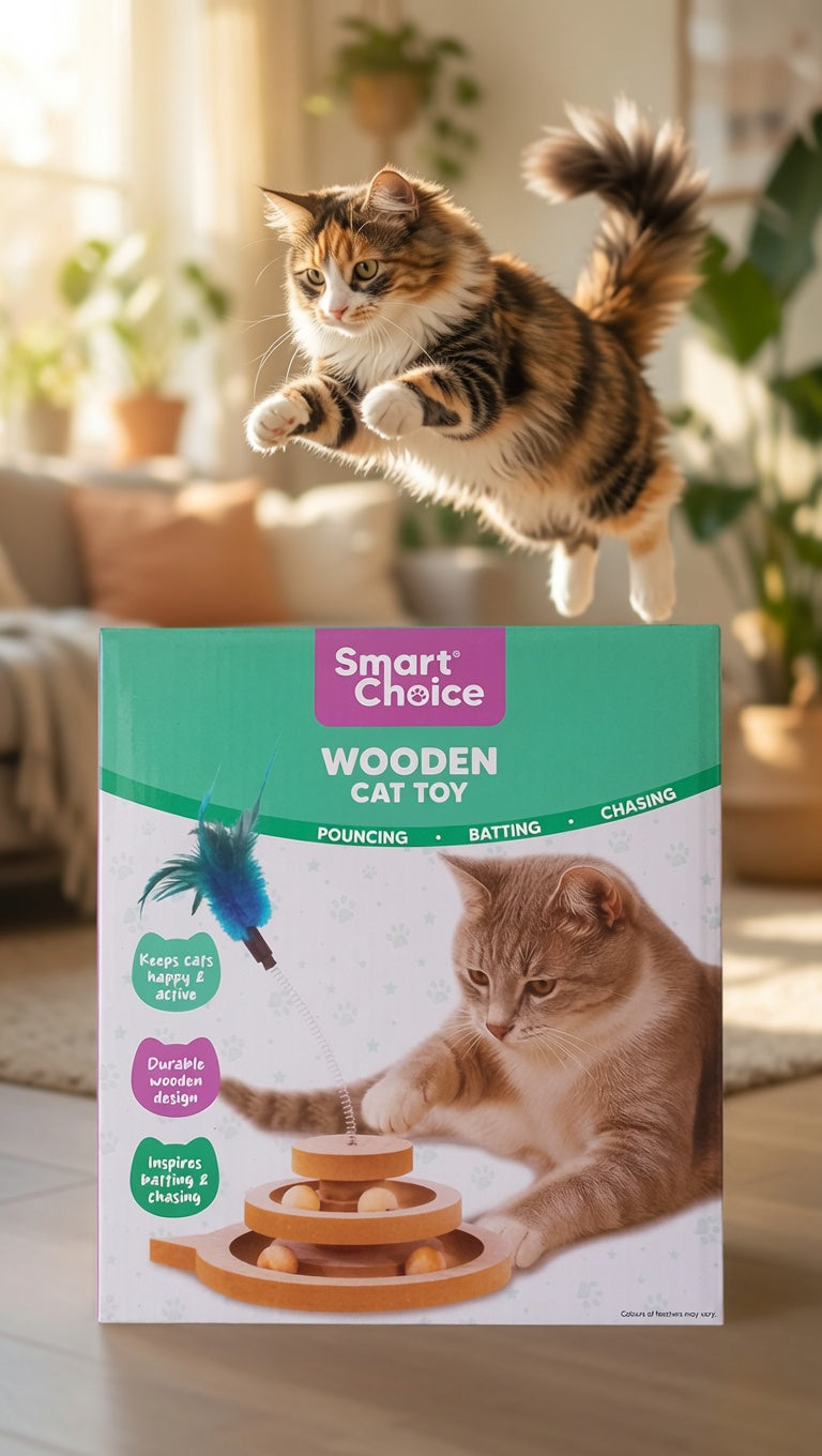 Interactive Wooden Ball Tower Cat Toy - 2 Ring with feather and bell