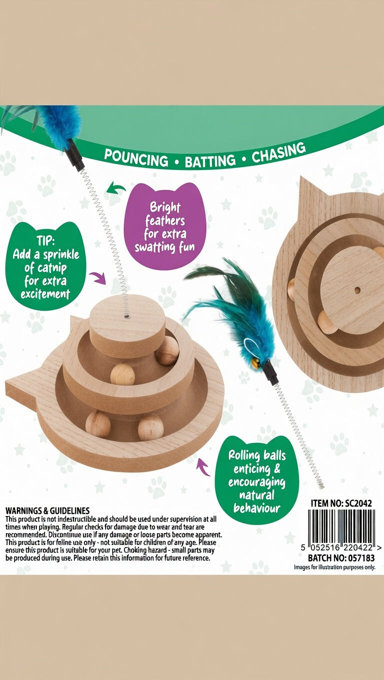 Interactive Wooden Ball Tower Cat Toy - 2 Ring with feather and bell