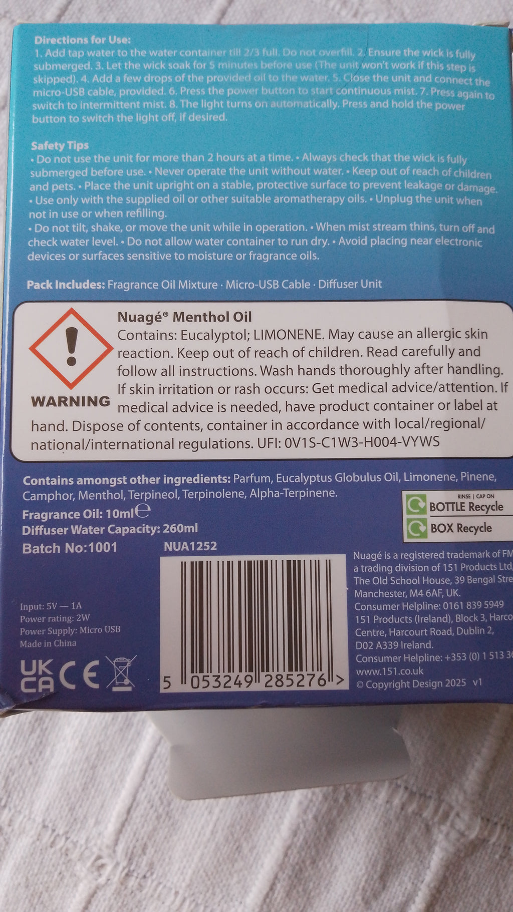 Vapour Diffuser Set H12 x W7 x D7cm USB Powered